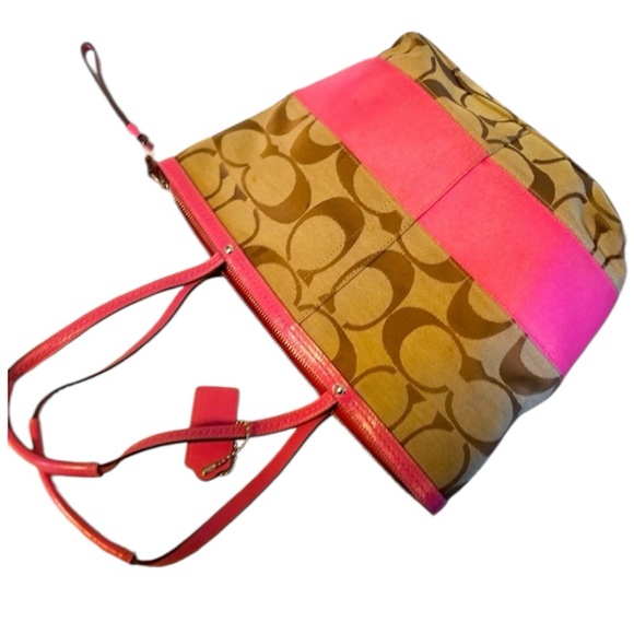 Coach Signature Stripe Tote Bag Y2K Vintage Purse Pink Original Hangtag - Picture 6 of 6